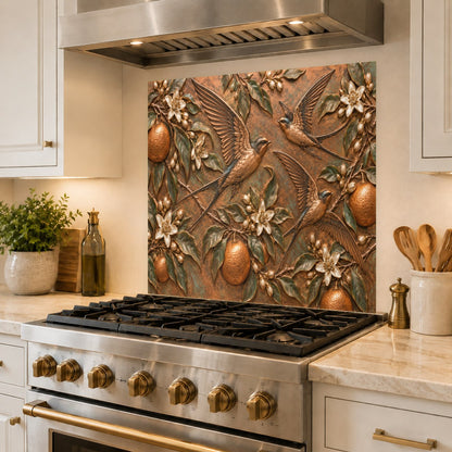 Heat-resistant Orange Swallows glass panel protecting kitchen wall behind electric cooktop