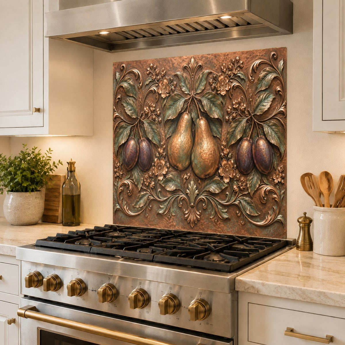 Pear and plum orchard artwork on heat-resistant kitchen glass backsplash behind range