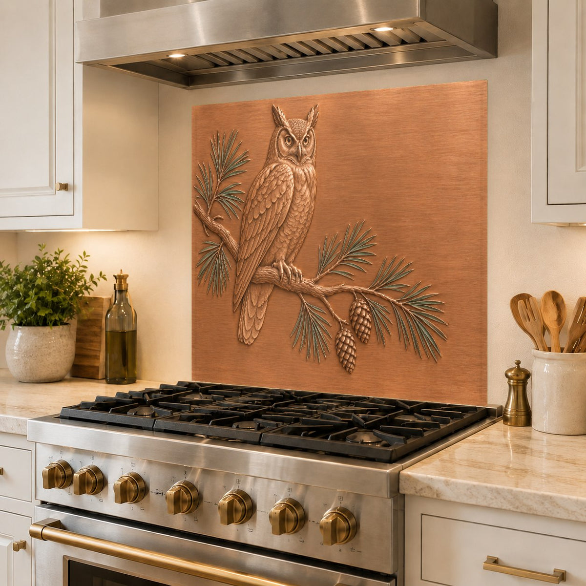 Earthy owl glass backsplash installed in a rustic wooden kitchen design
