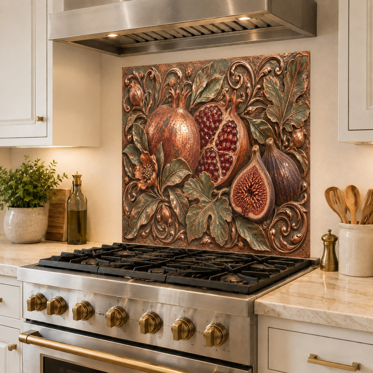 Pomegranate Fig heat-resistant glass backsplash protecting walls behind a modern electric cooktop