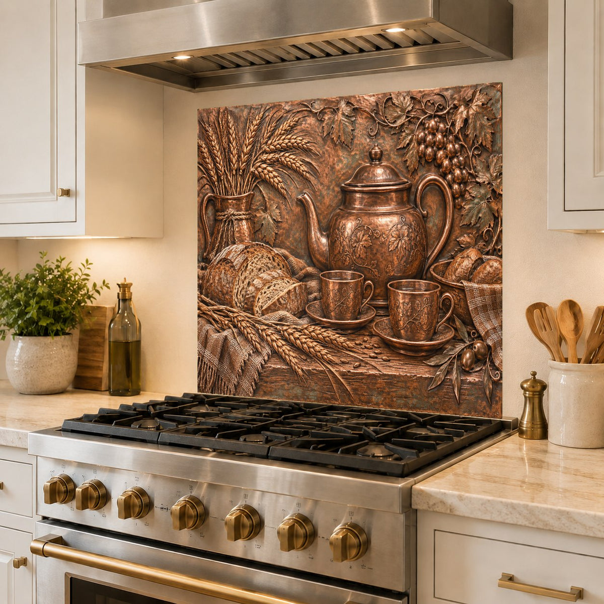 Rustic Teatime art glass backsplash panel protecting a kitchen island cooking station