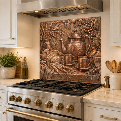 Rustic Teatime art glass backsplash panel protecting a kitchen island cooking station