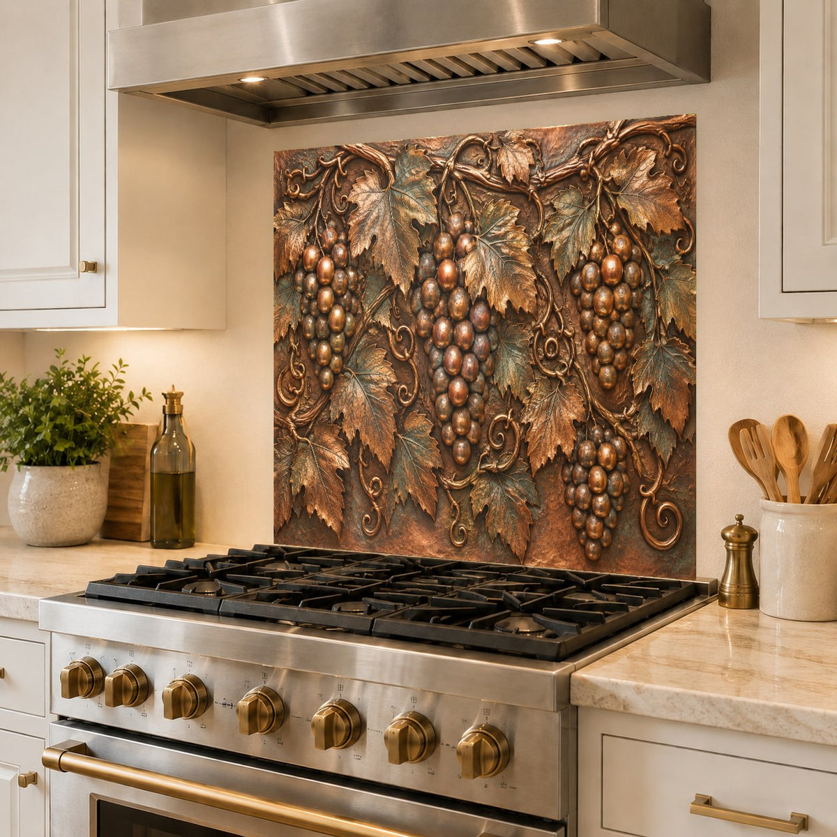 Side angle view of Vineyard Grapes tempered glass stove splash guard