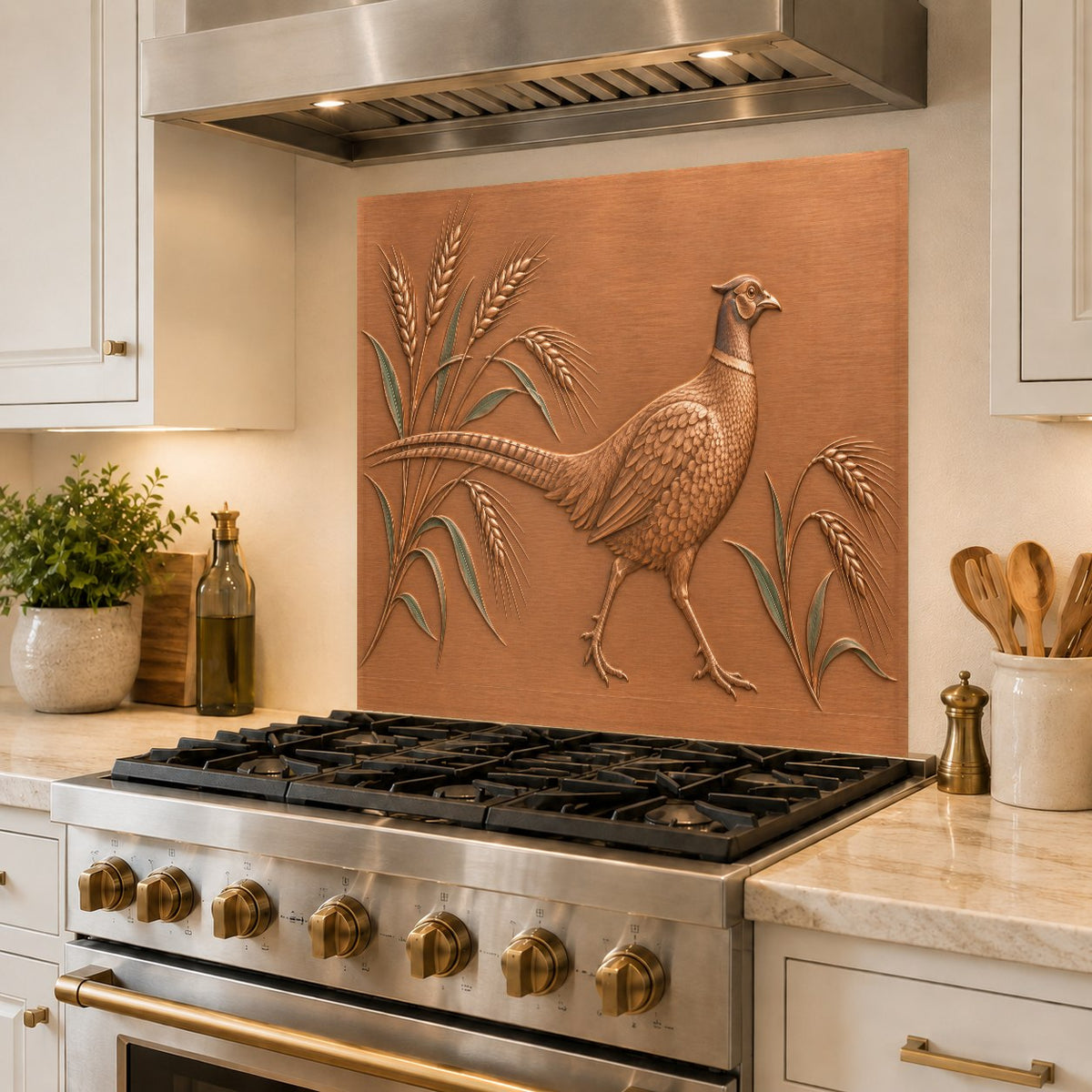 Pheasant and wheat motif glass backsplash installed in a luxury kitchen