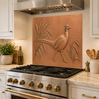 Pheasant and wheat motif glass backsplash installed in a luxury kitchen
