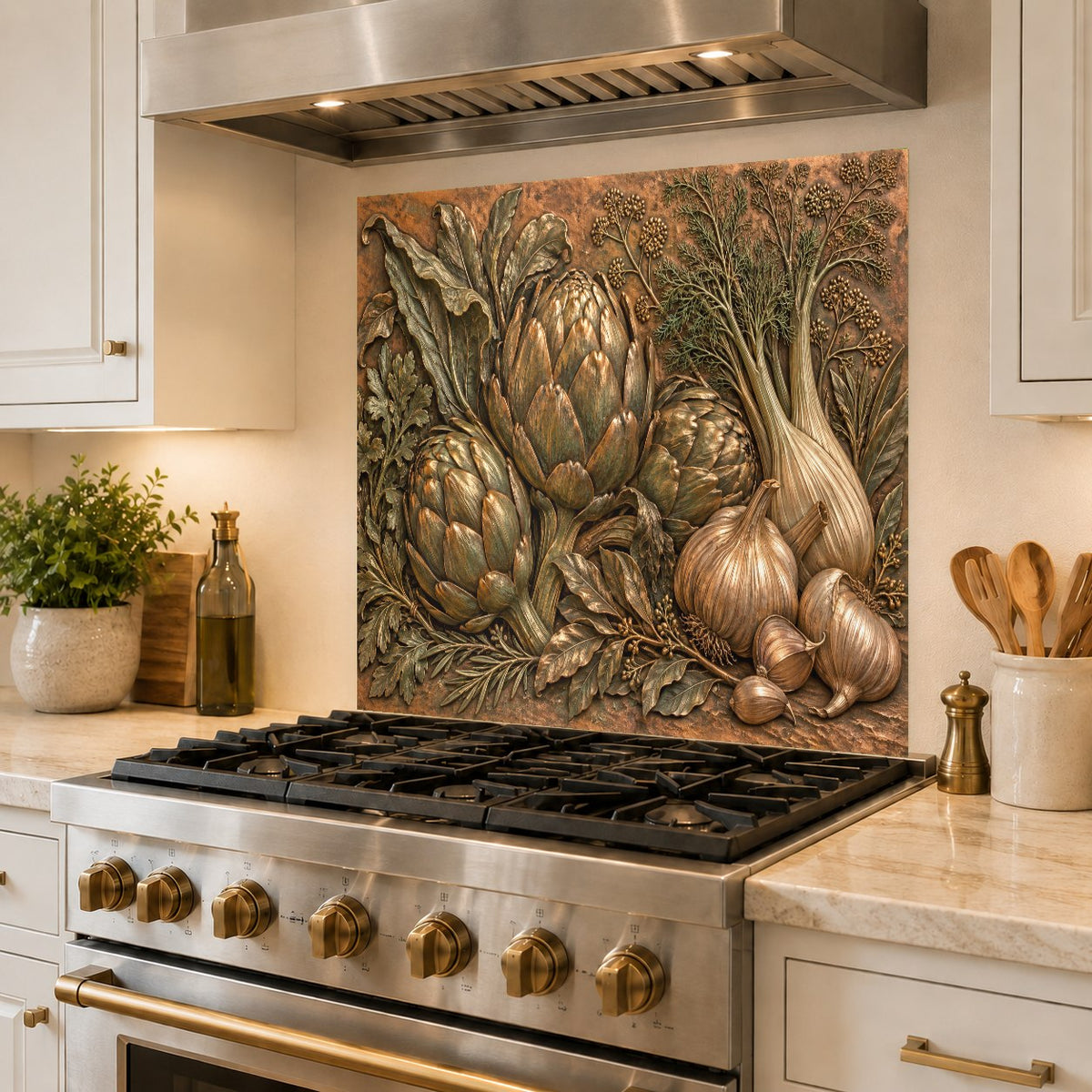 Earthy kitchen glass backsplash protecting walls behind a modern range