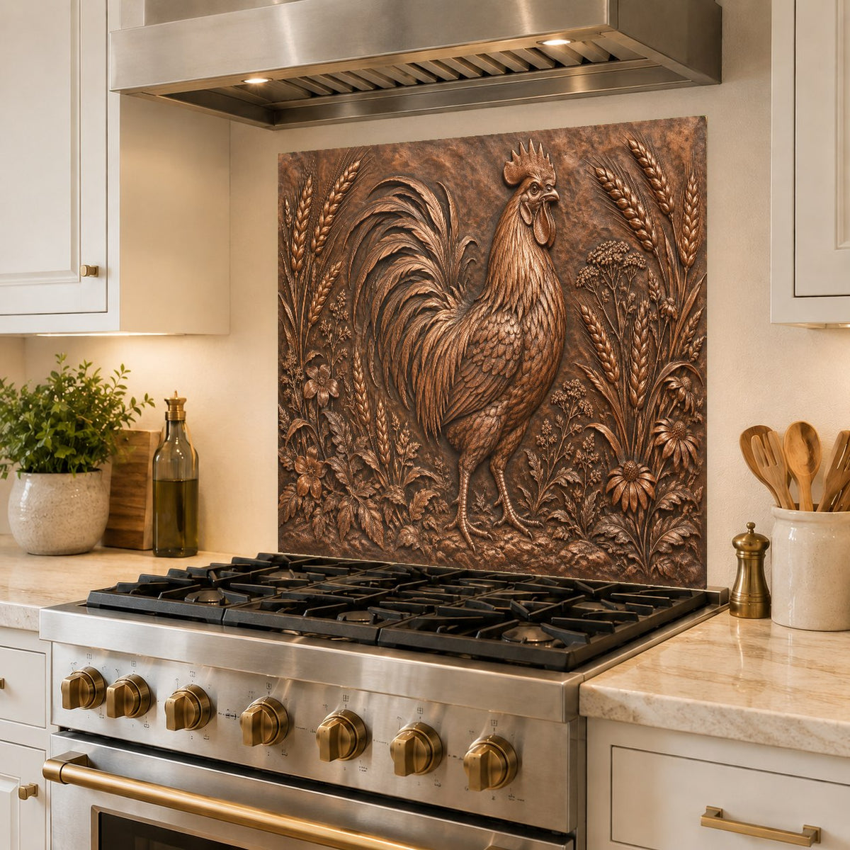 Close-up of farmhouse rooster glass backsplash texture and high-gloss finish