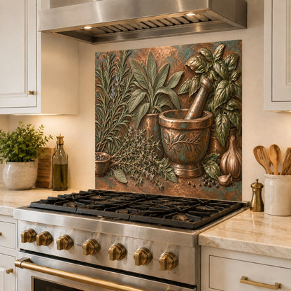 Herb mortar decorative glass backsplash panel behind a farmhouse kitchen sink