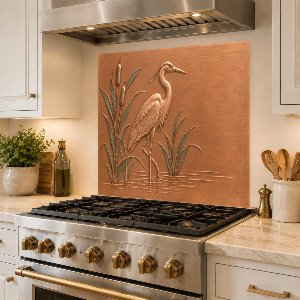 Seamless hygienic glass backsplash featuring a serene heron marsh scene