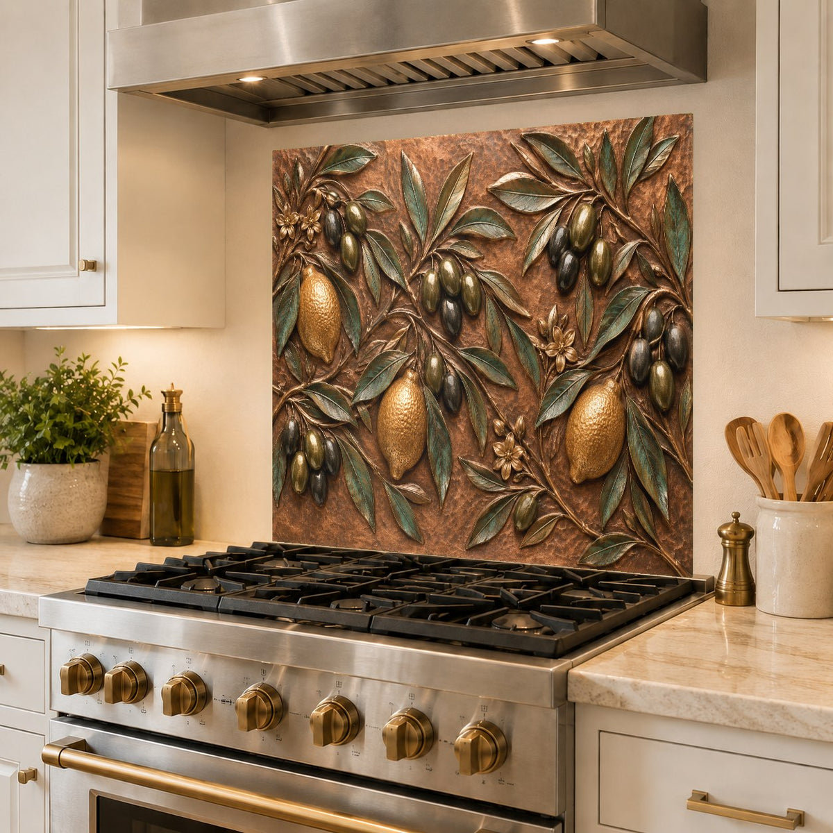 Botanical lemon and olive kitchen glass backsplash protecting stove wall from grease splatters