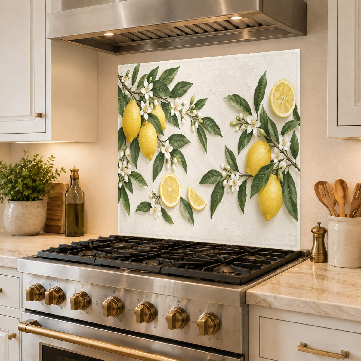 Modern kitchen bar area featuring a lemon blossom glass backsplash