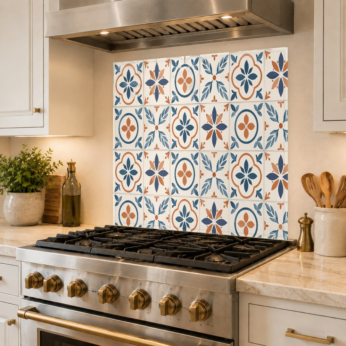Grout-free glass kitchen backsplash panel installed behind a modern slide-in range