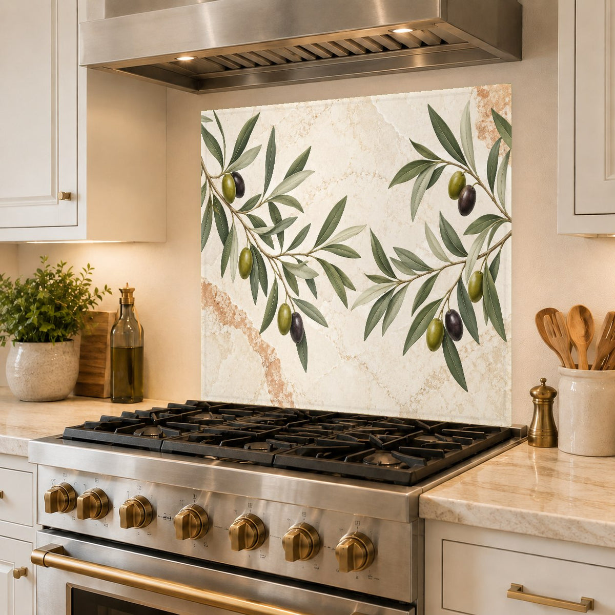 Olive branch glass backsplash panel behind a kitchen sink and faucet area