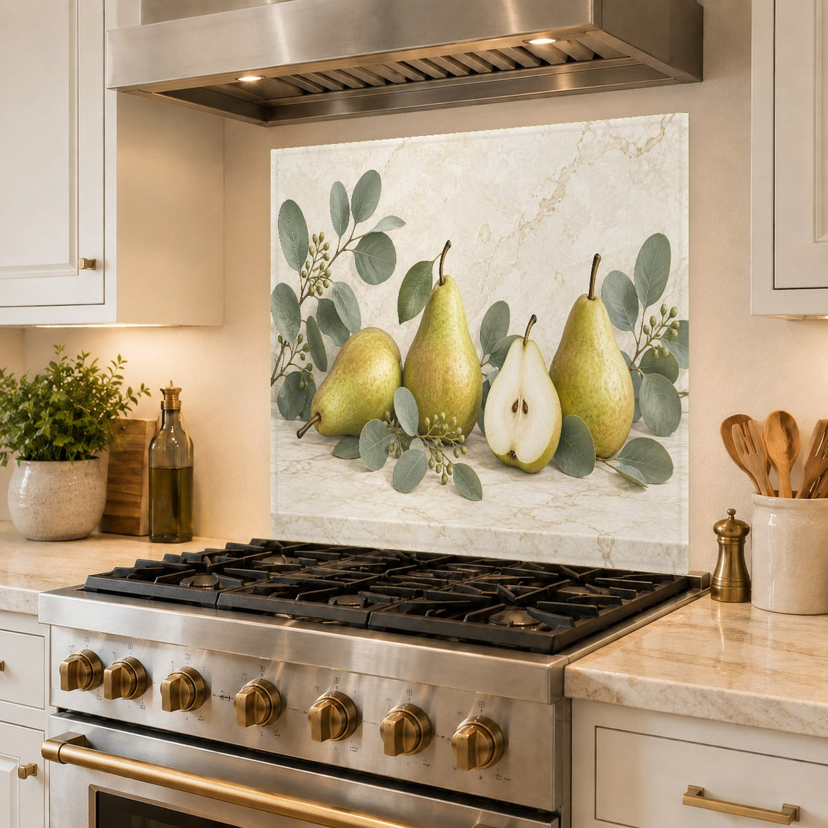 Heat-resistant glass backsplash panel reflecting light behind an electric range and stove
