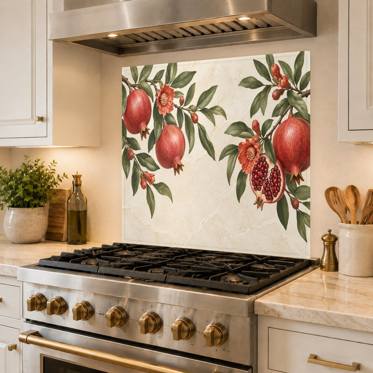 Bar area decorated with a botanical pomegranate glass splash guard