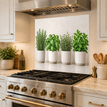Herbal garden glass backsplash panel behind a kitchen island sink