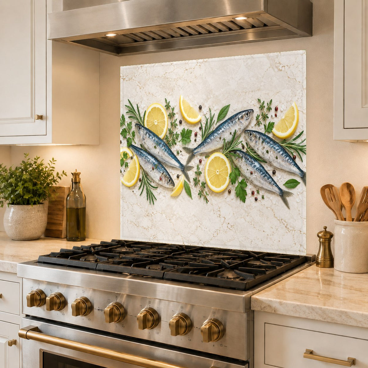 Heat-resistant glass kitchen backsplash with lemon and fish art behind a heavy-duty range