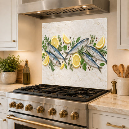 Heat-resistant glass kitchen backsplash with lemon and fish art behind a heavy-duty range