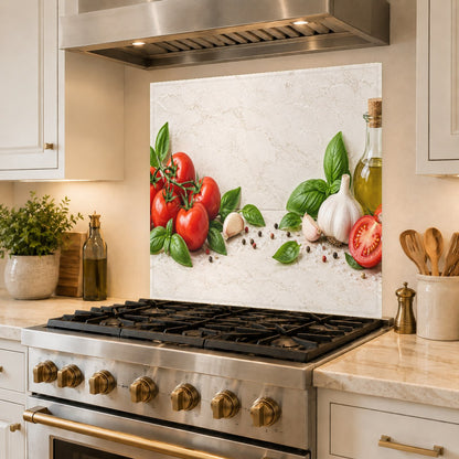 Custom sized glass kitchen backsplash installed in a contemporary kitchen