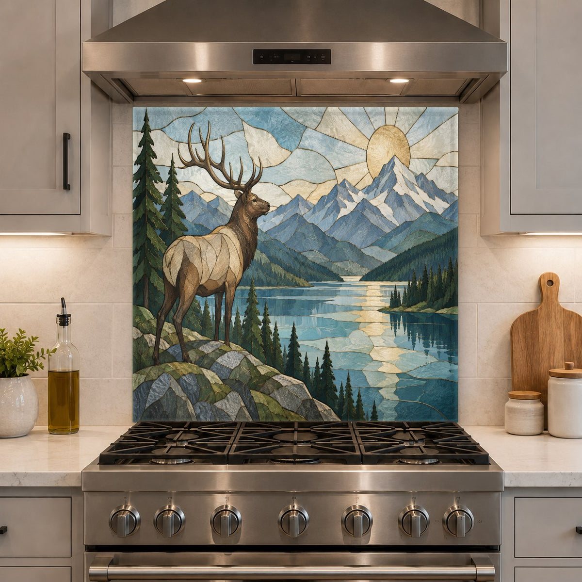 Cozy lodge kitchen featuring a custom Elk River print glass backsplash behind a sleek slide-in range.