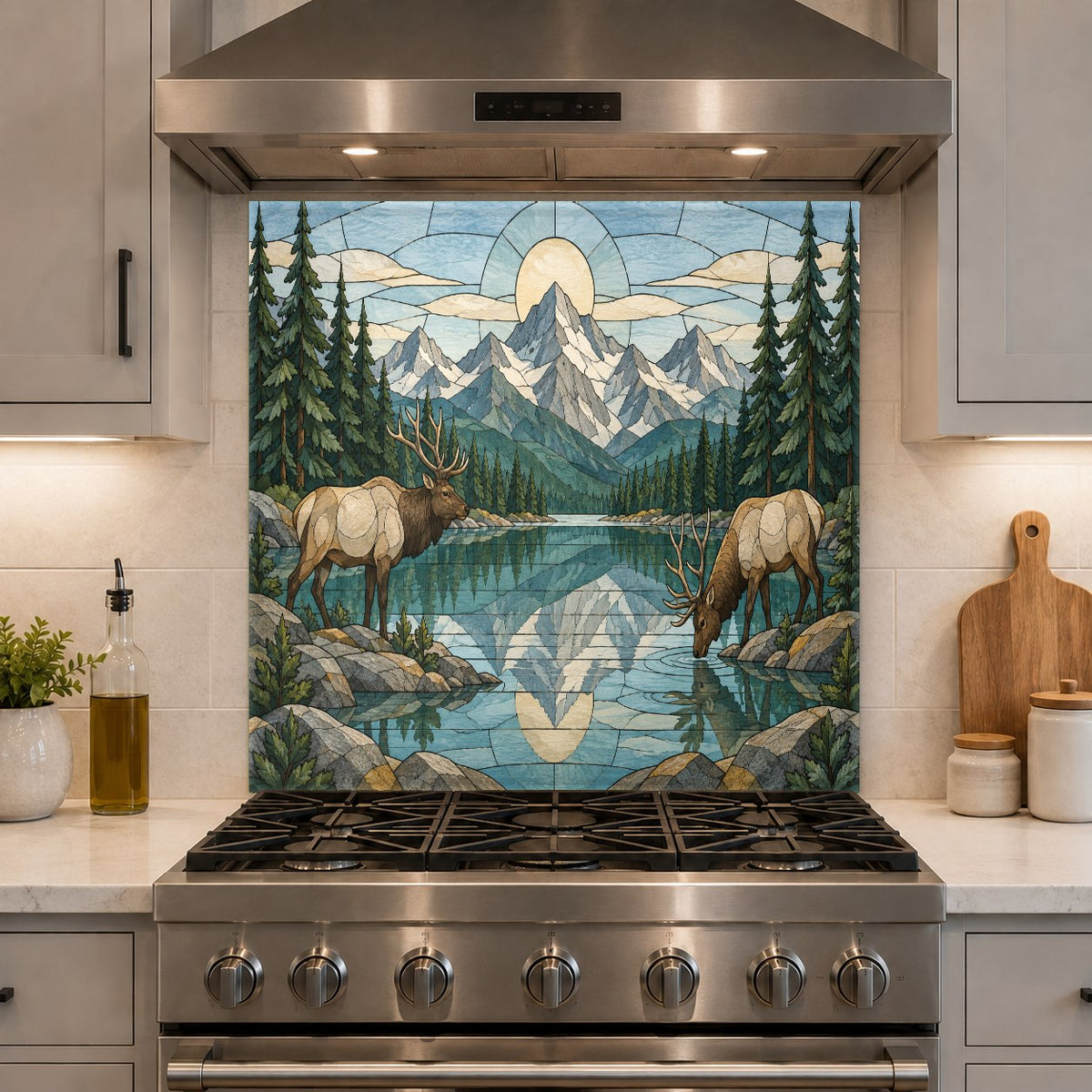 Full-height glass kitchen backsplash with majestic deer and pine forest scene behind a white farmhouse sink.