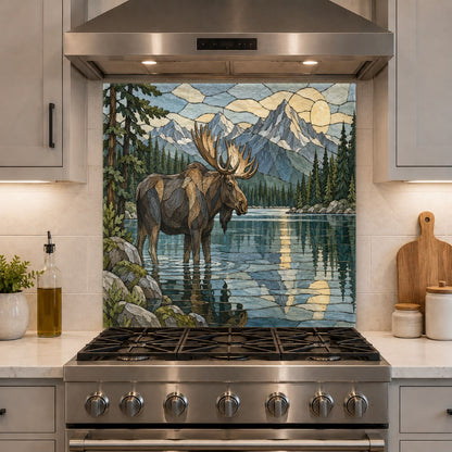 Panoramic view of the Elk Mountain River kitchen glass splash guard behind a stove