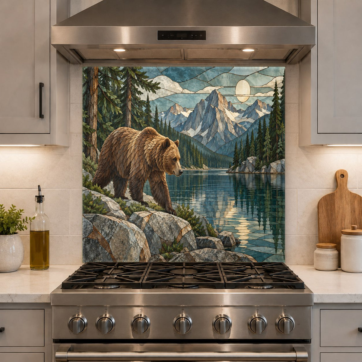 High-gloss kitchen glass backsplash with a grizzly bear and pine trees behind a sleek stainless steel range.