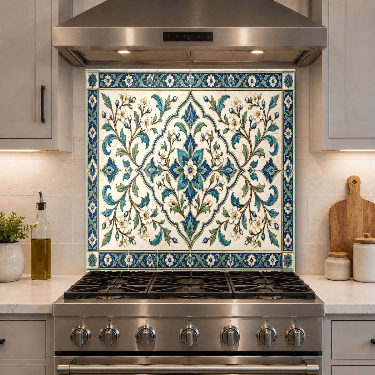 Seamless glass kitchen backsplash with a faux tile design elevating a contemporary home bar and prep area.