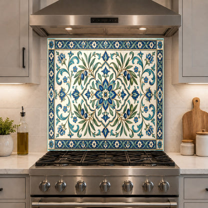 Modern kitchen featuring a rustic harmony tile glass backsplash panel