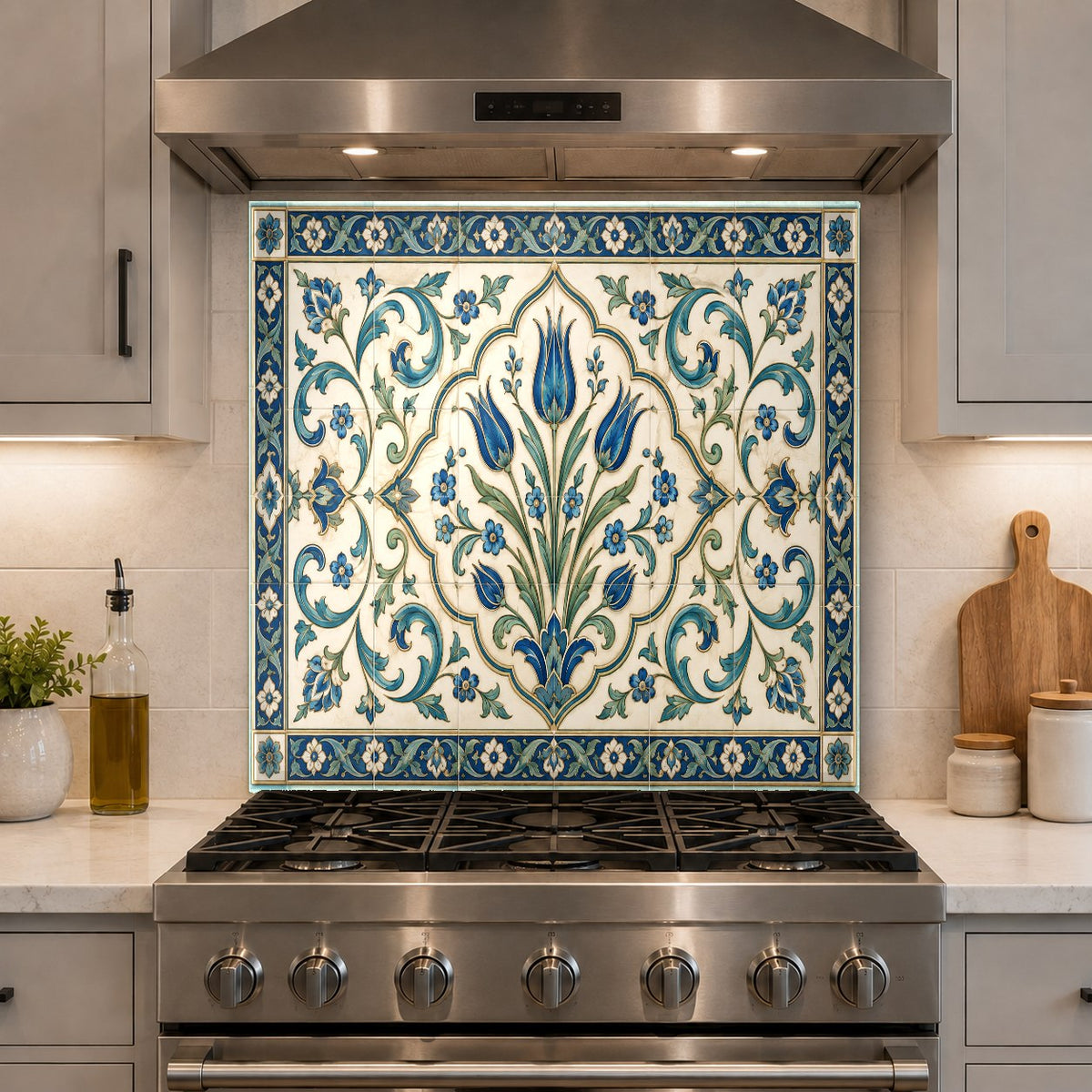 Detailed shot of heat-resistant glass kitchen backsplash with vibrant tile design