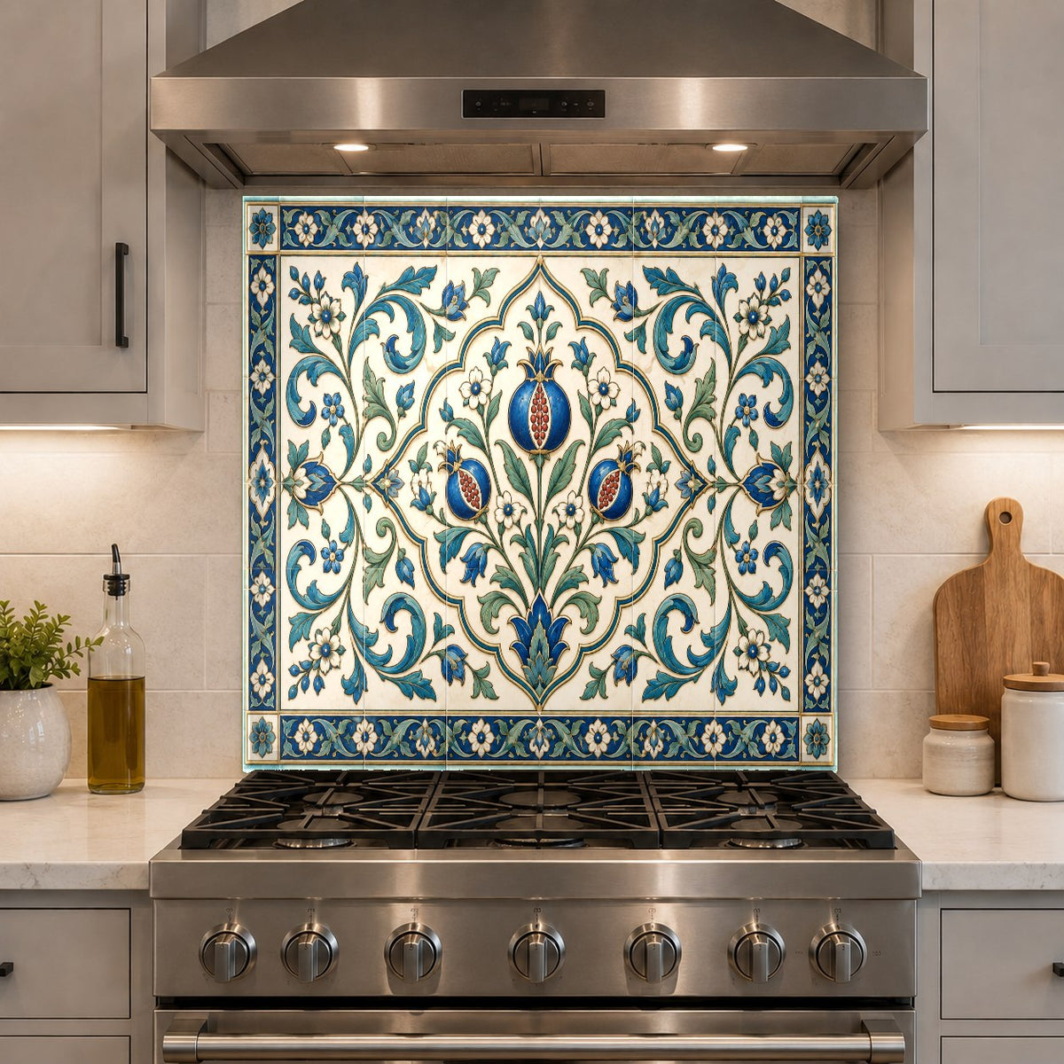 Close-up of grease splatters wiping easily off the non-porous Serene Grove glass stove guard backsplash.