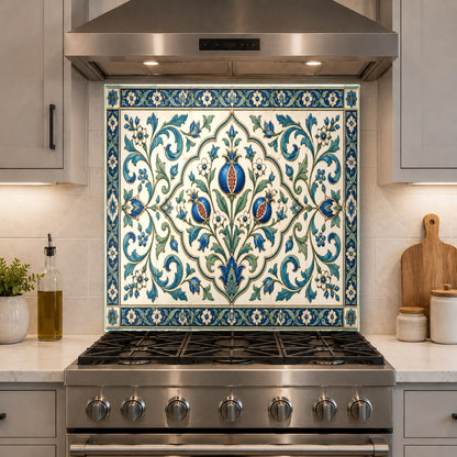 Close-up of grease splatters wiping easily off the non-porous Serene Grove glass stove guard backsplash.