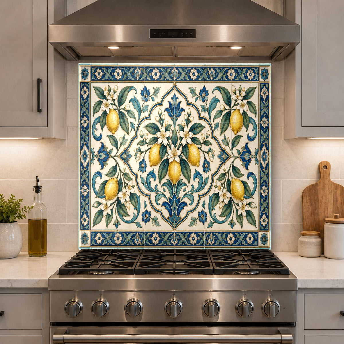 Tempered glass kitchen backsplash with lemon motifs protecting stove wall