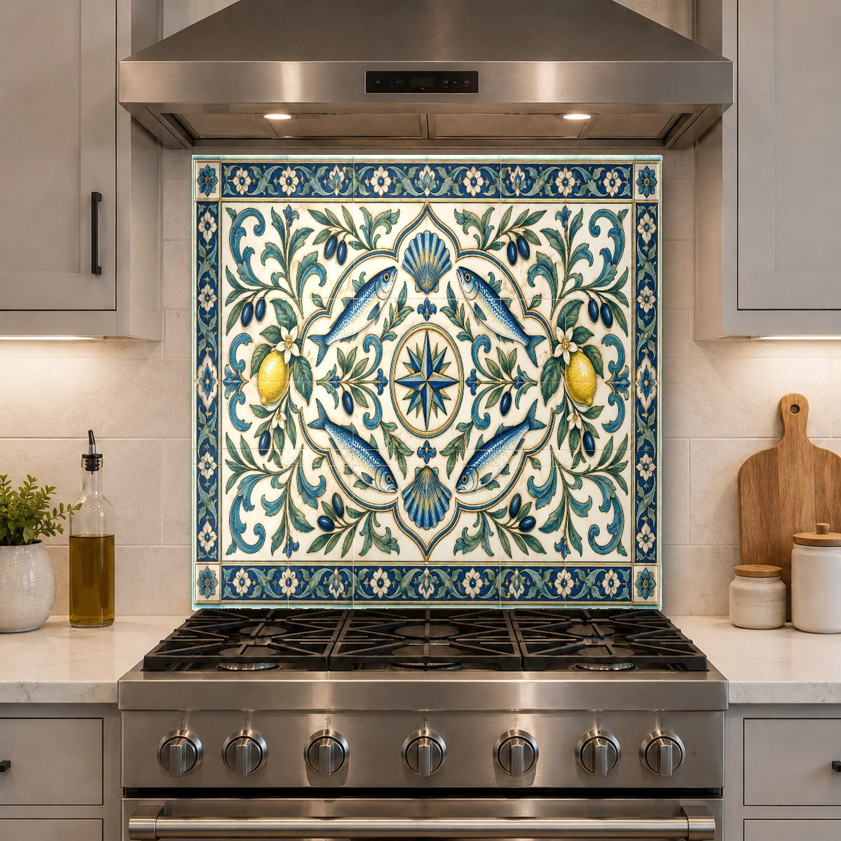 Side profile of Wbs (371) glass backsplash panel mounted behind a gas stove