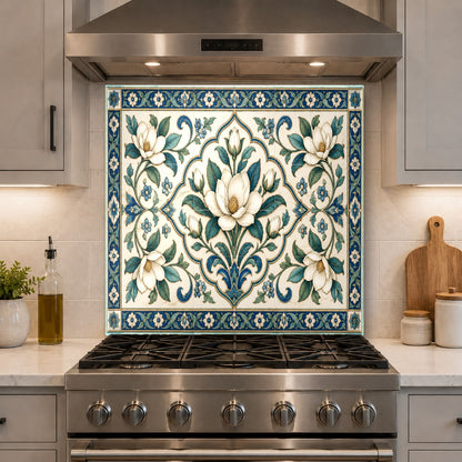 Heat-resistant glass backsplash installed in a bright island kitchen setting