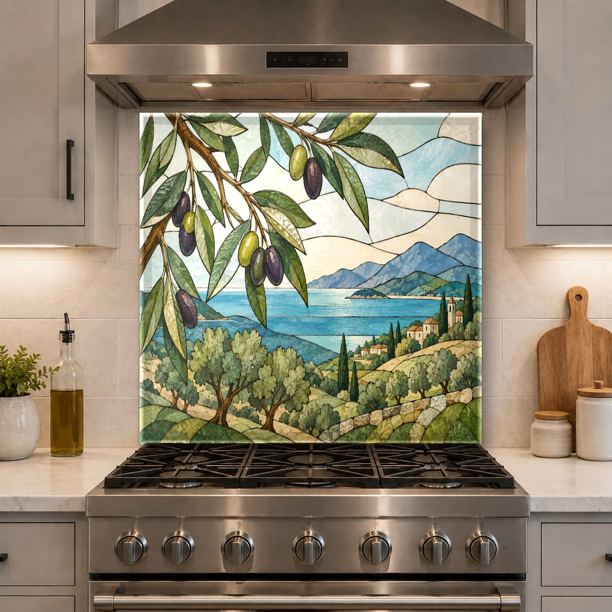 Stained Olive glass kitchen panel installed in a modern coffee bar area