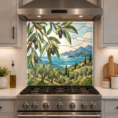 Stained Olive glass kitchen panel installed in a modern coffee bar area