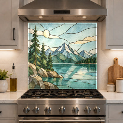 Blue and amber stained glass lake backsplash in a rustic kitchen remodel