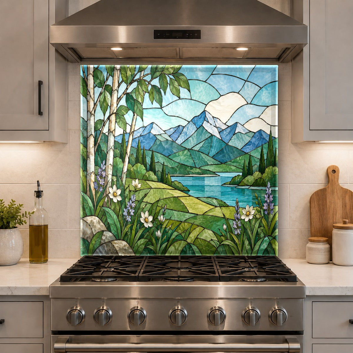 Seamless heat resistant glass backsplash panel mounted behind a stainless steel range
