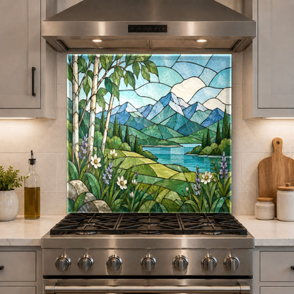 Seamless heat resistant glass backsplash panel mounted behind a stainless steel range