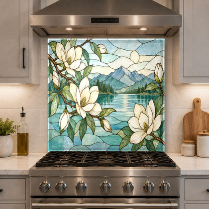 Vibrant floral tempered glass backsplash in a bright kitchen setting