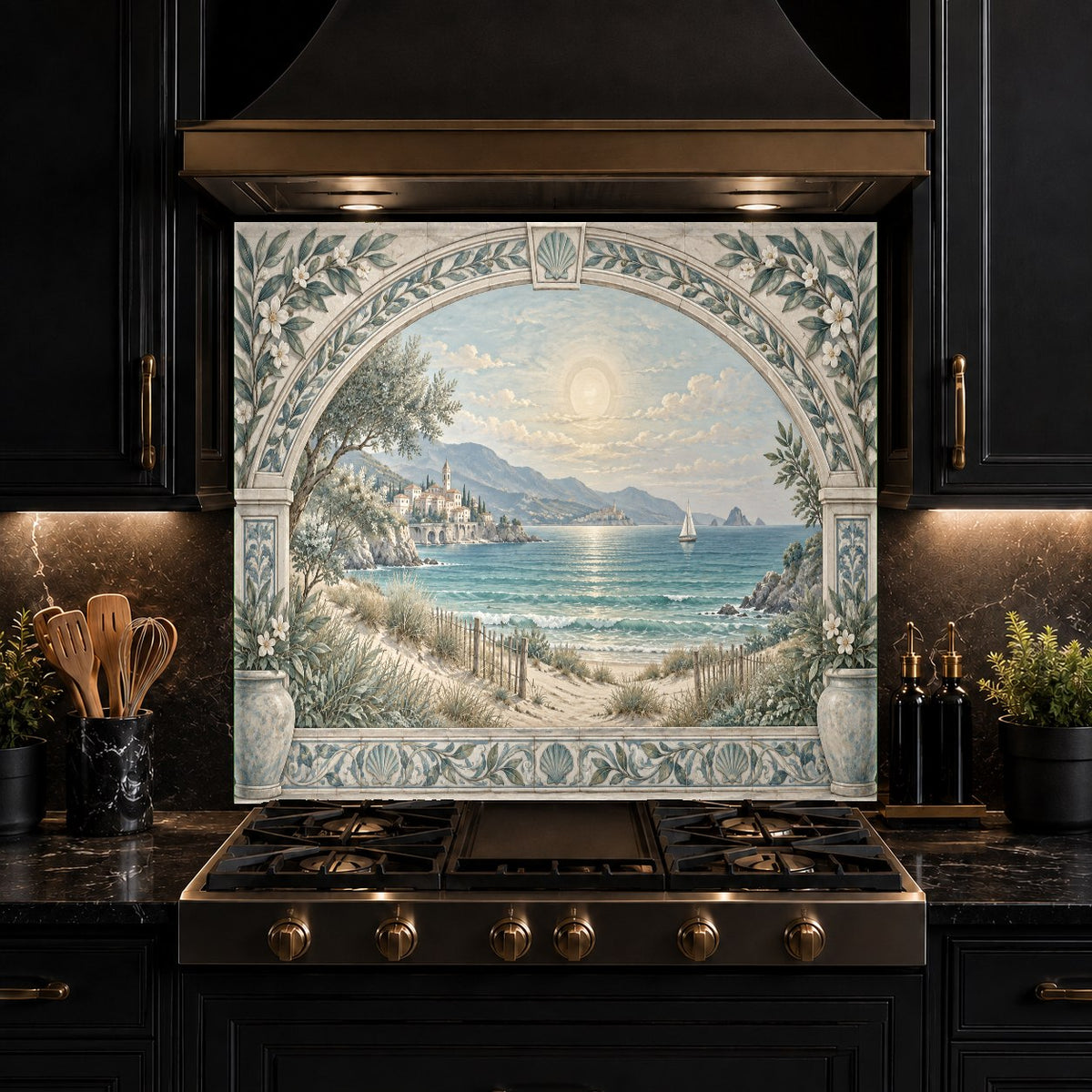 Durable, non-porous tempered glass backsplash with a scenic coastal archway theme behind a kitchen sink.