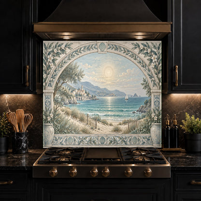 Durable, non-porous tempered glass backsplash with a scenic coastal archway theme behind a kitchen sink.