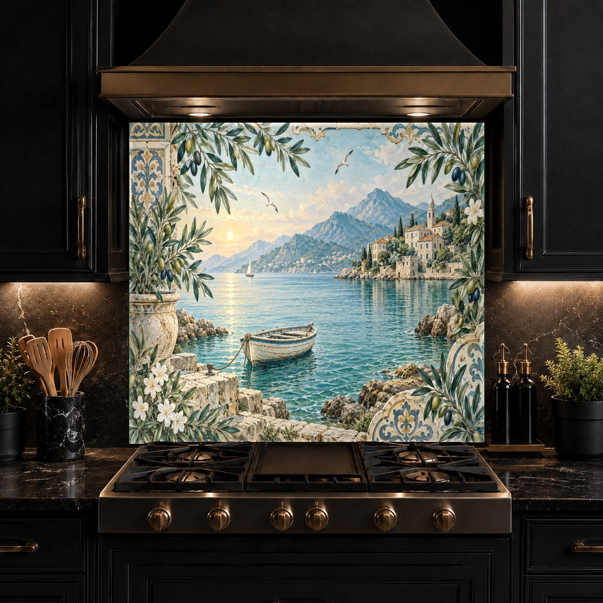 High-gloss coastal glass splashback behind a kitchen stove, wiping clean of cooking splatters.