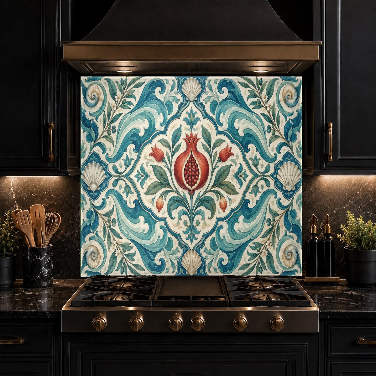 Pomegranate patterned glass backsplash installed in a contemporary home bar area