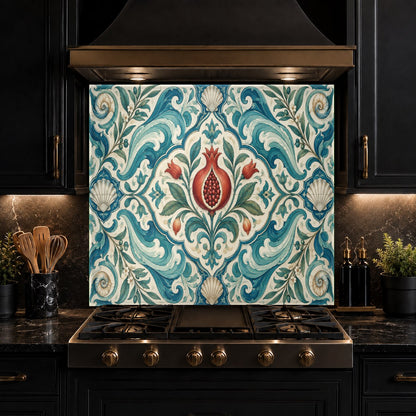Pomegranate patterned glass backsplash installed in a contemporary home bar area