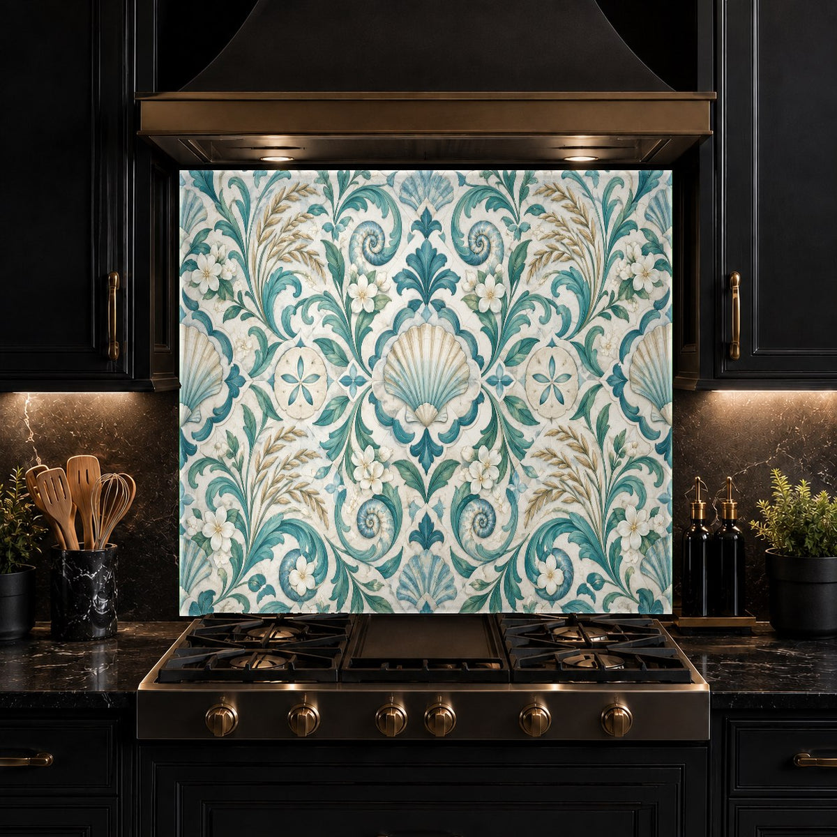 Seashell damask patterned glass backsplash protecting kitchen walls from heat and grease behind a cooktop.