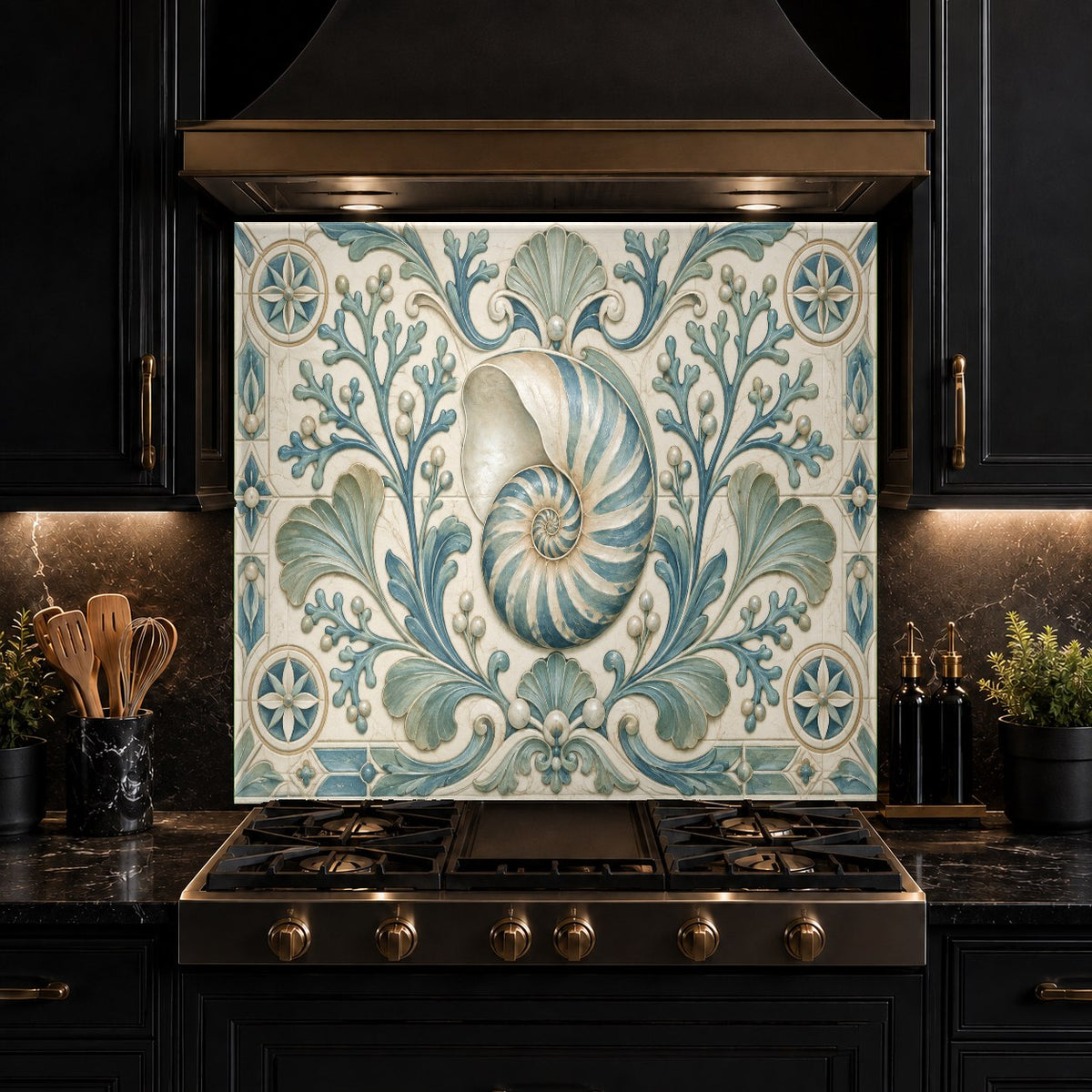 Stunning kitchen remodel with a durable nautilus pattern glass backsplash behind an electric stove.