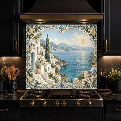 Heat resistant glass stove guard with lemon tree and sea view details in a transitional kitchen.