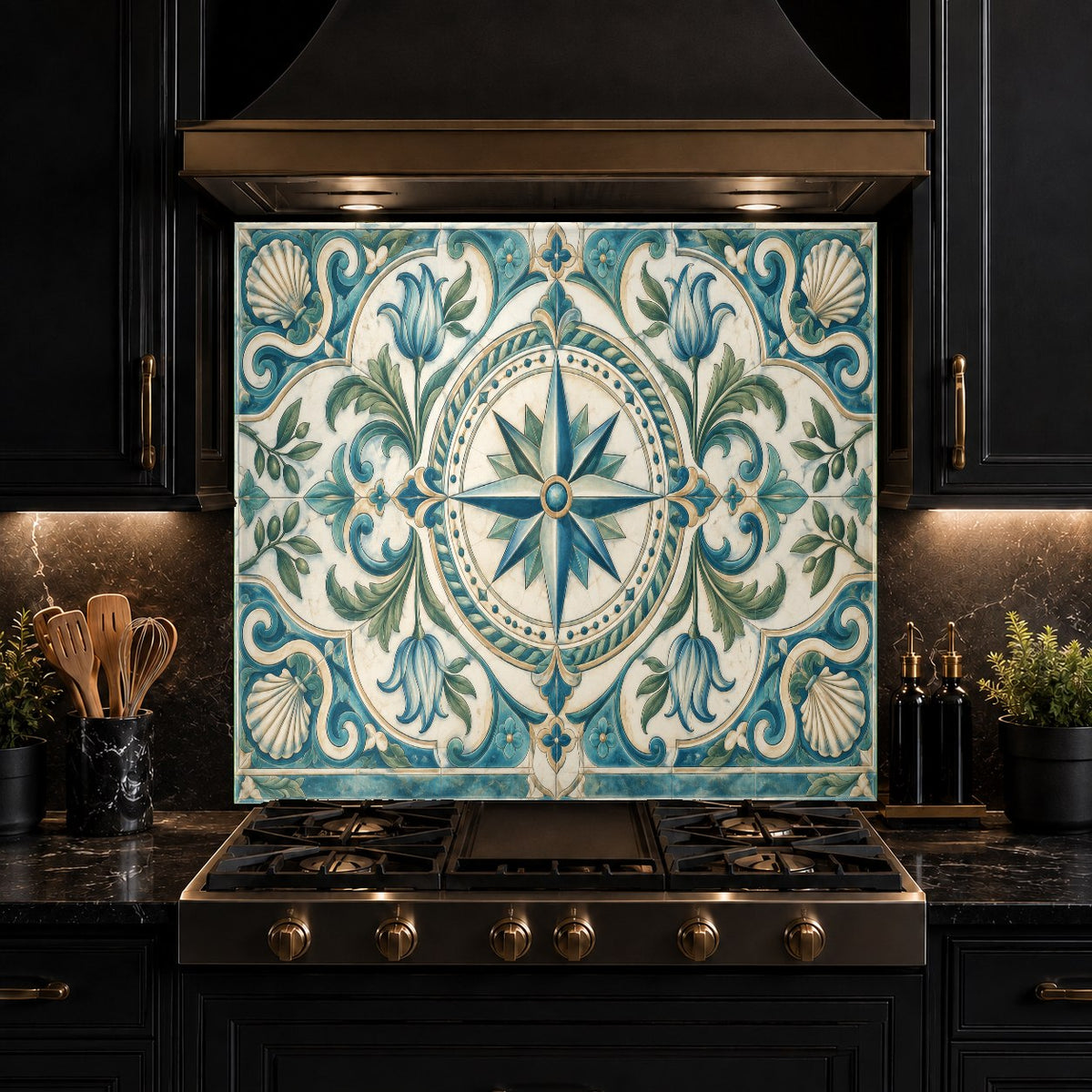 Elegant beach house kitchen featuring a maritime compass rose glass backsplash panel behind the kitchen range.